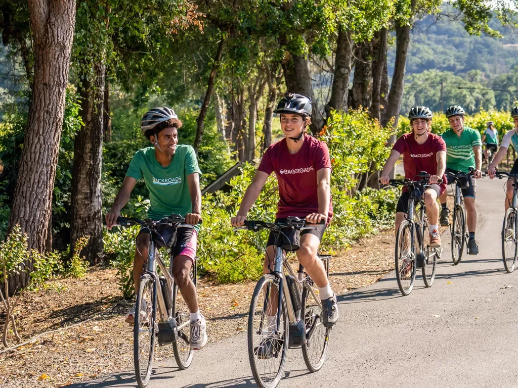 Five young guests biking down forest road, grapevines.