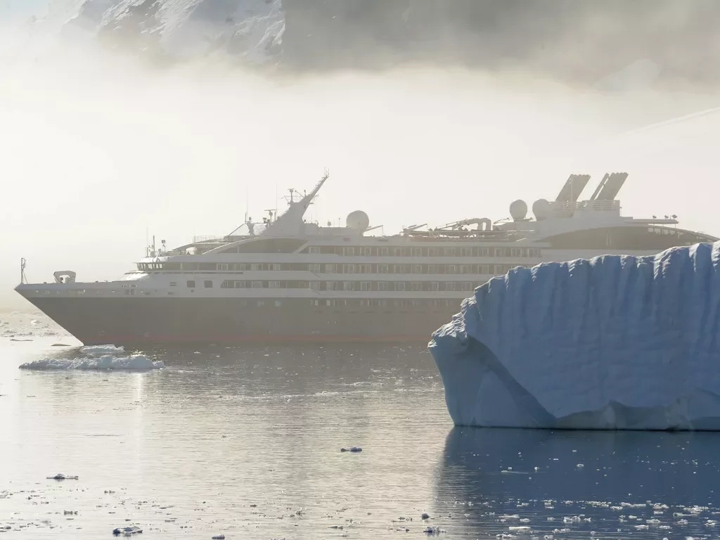 Cruise ship shrouded in fog in Antarctica