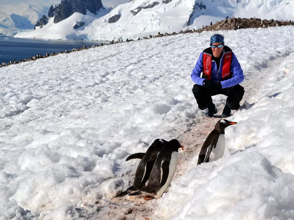 Person posing with penguins in Antarctica