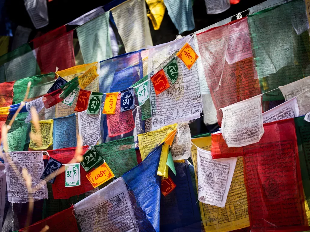 Colorful flags at a temple in Bhutan