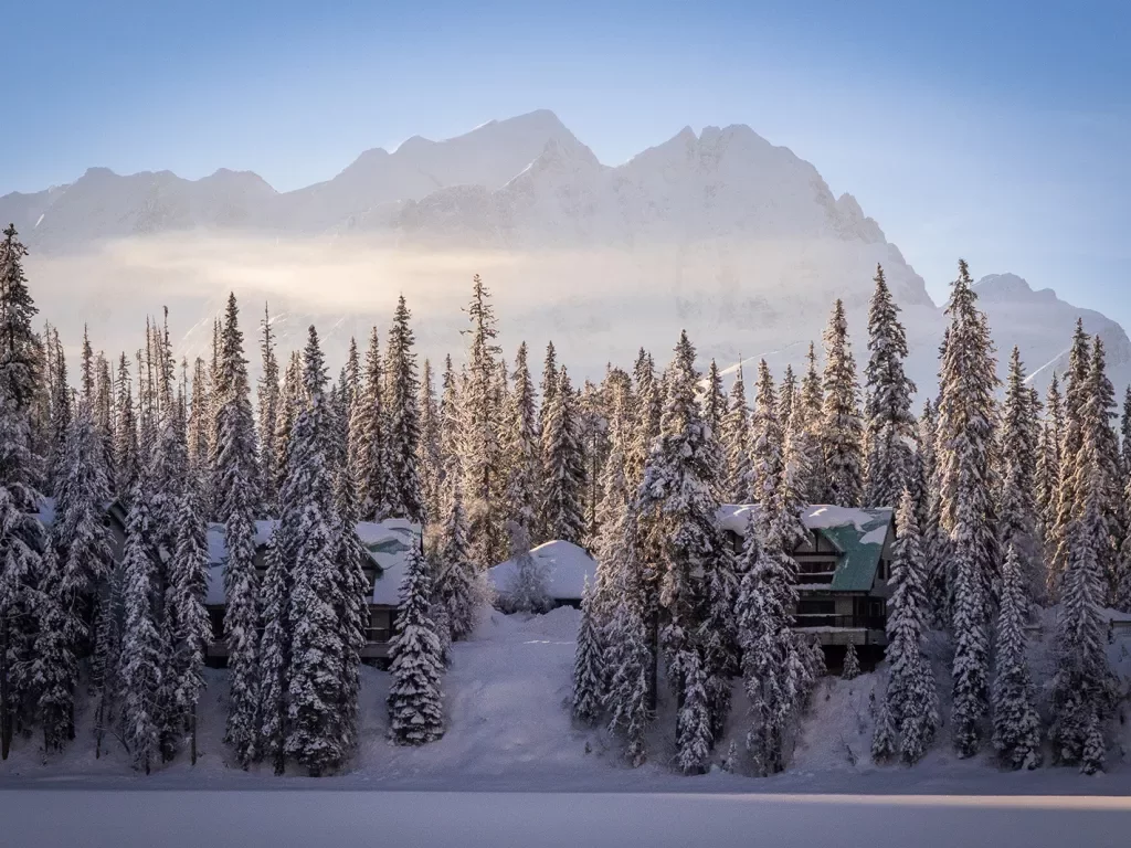 Wide shot of snowy forest, houses covered, mountains in distance.