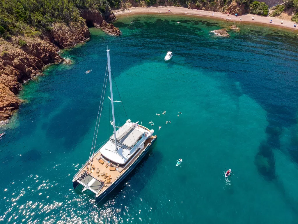 Aerial view of a boat anchored in a bay in France