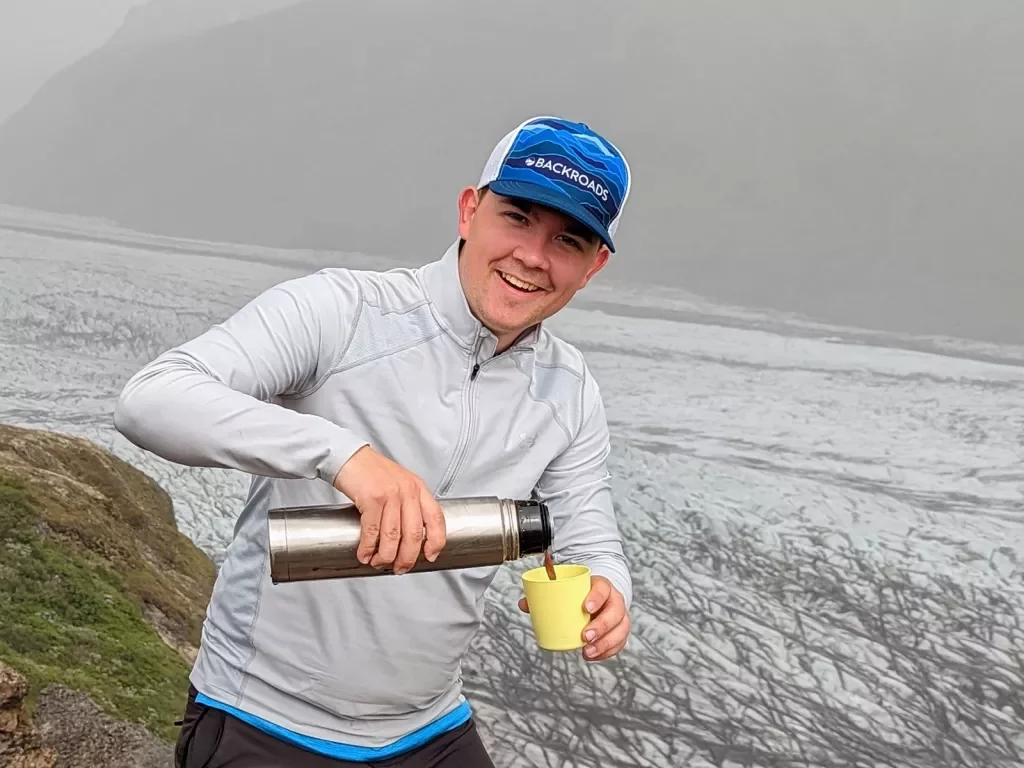 Pooring Coffee Above Glacier Iceland