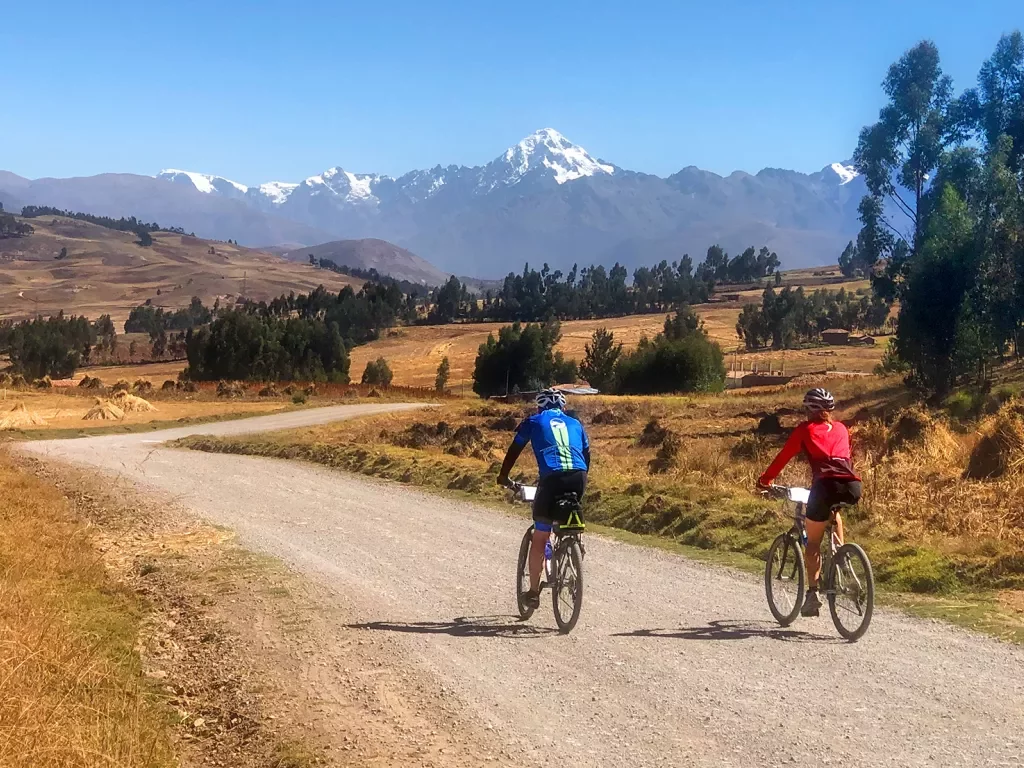 Two guests cycling down gravel road, golden grasses, trees, mountains in distance. 