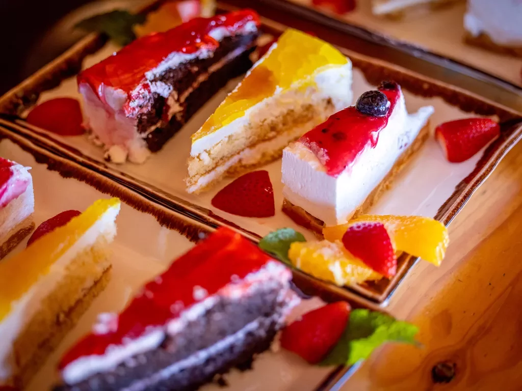 Colorful desserts arranged on a tray