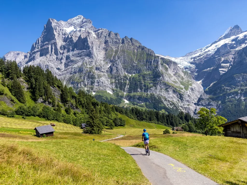 Biker riding on trail towards Swiss Alps.