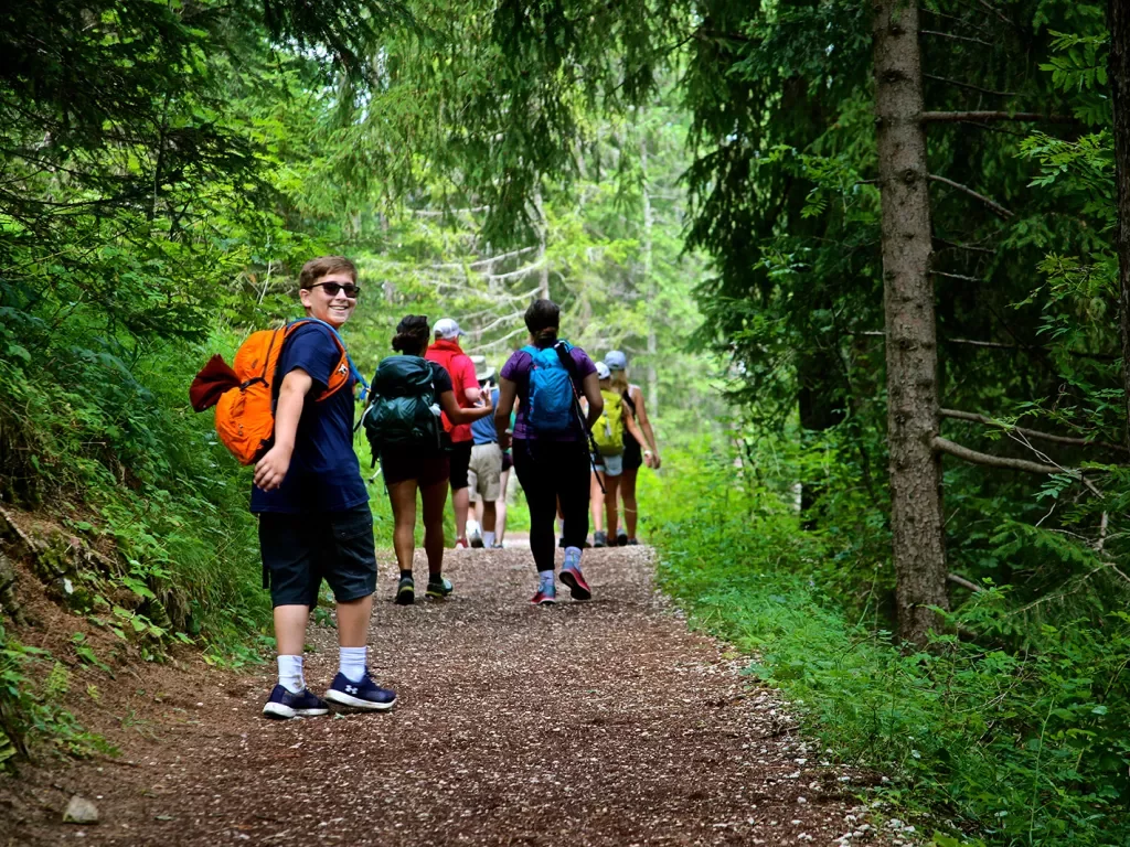 Group of guests hiking down forested trail, one looking back to camera.