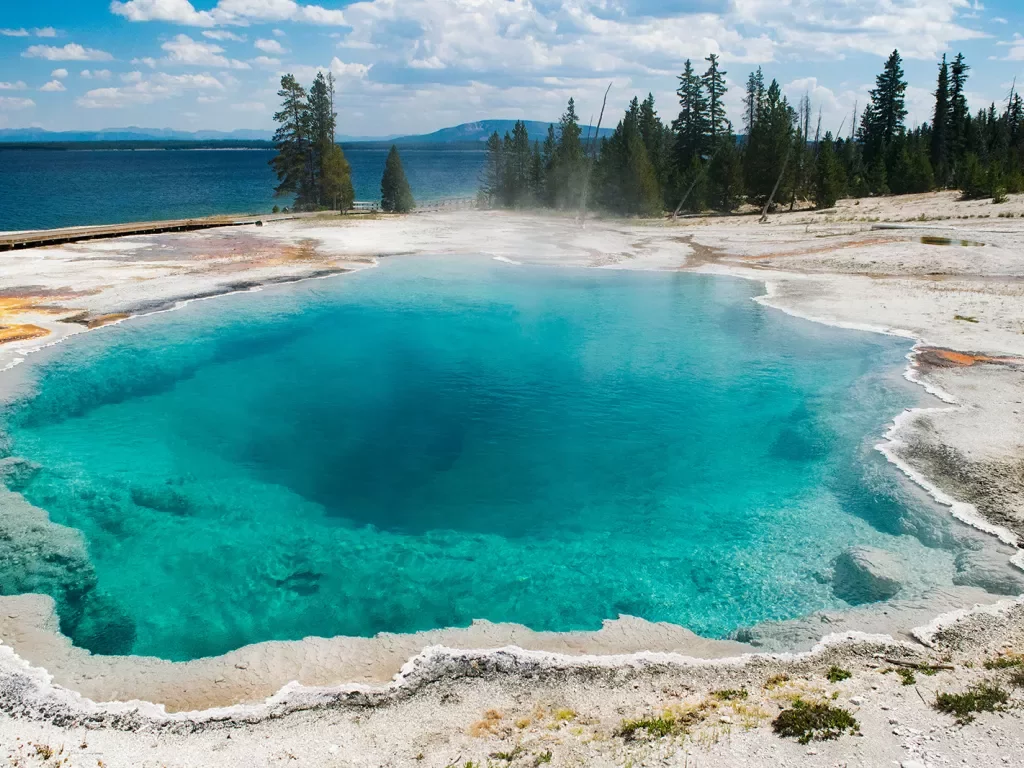 Turquoise hot spring and surrounding pine trees