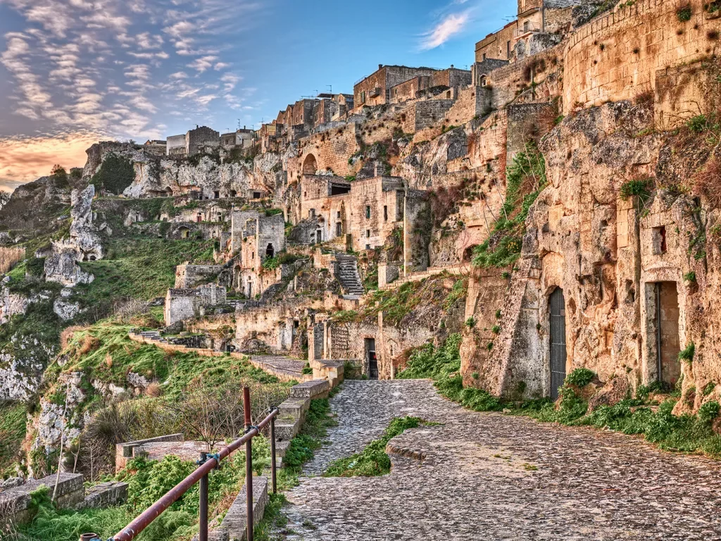 Wide shot of Sassi di Matera and it's mountainside huts.