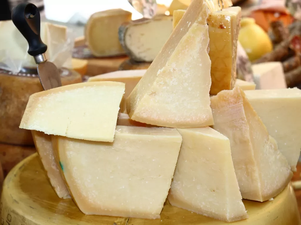 Shot of parmigiano cheese slices.