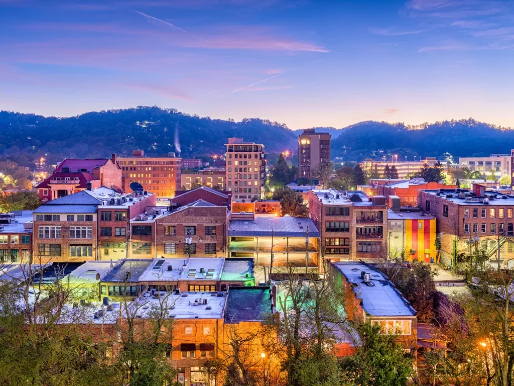 Wide shot of Asheville, NC during sunset.