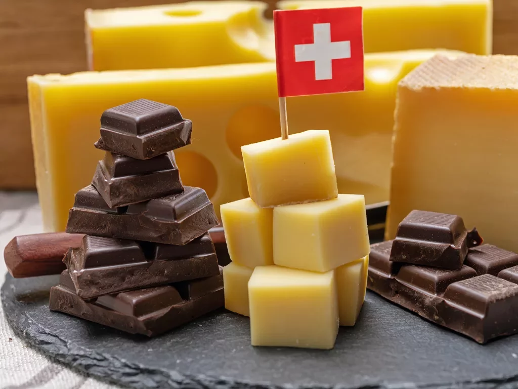 Piles of dark Swiss chocolate and cheese.