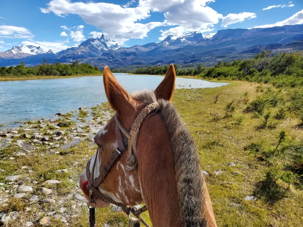 Point of view shot on horseback, looking out to snowy mountains, small lake.