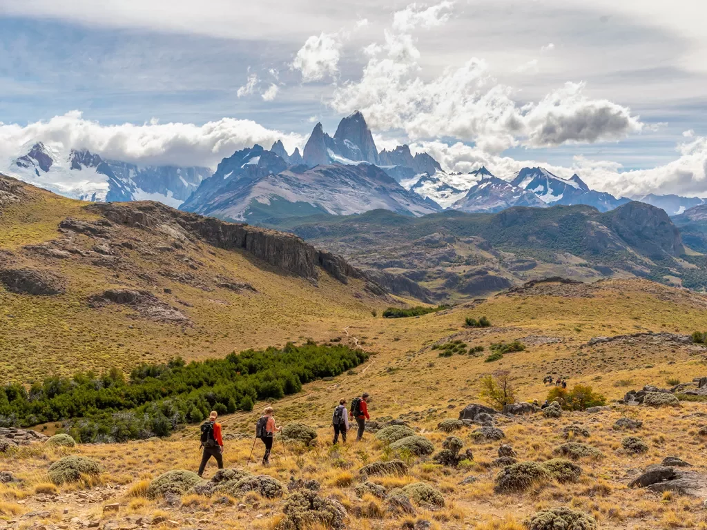 Four guests trekking over grassy, rocky meadow, large snowy mountains in background.