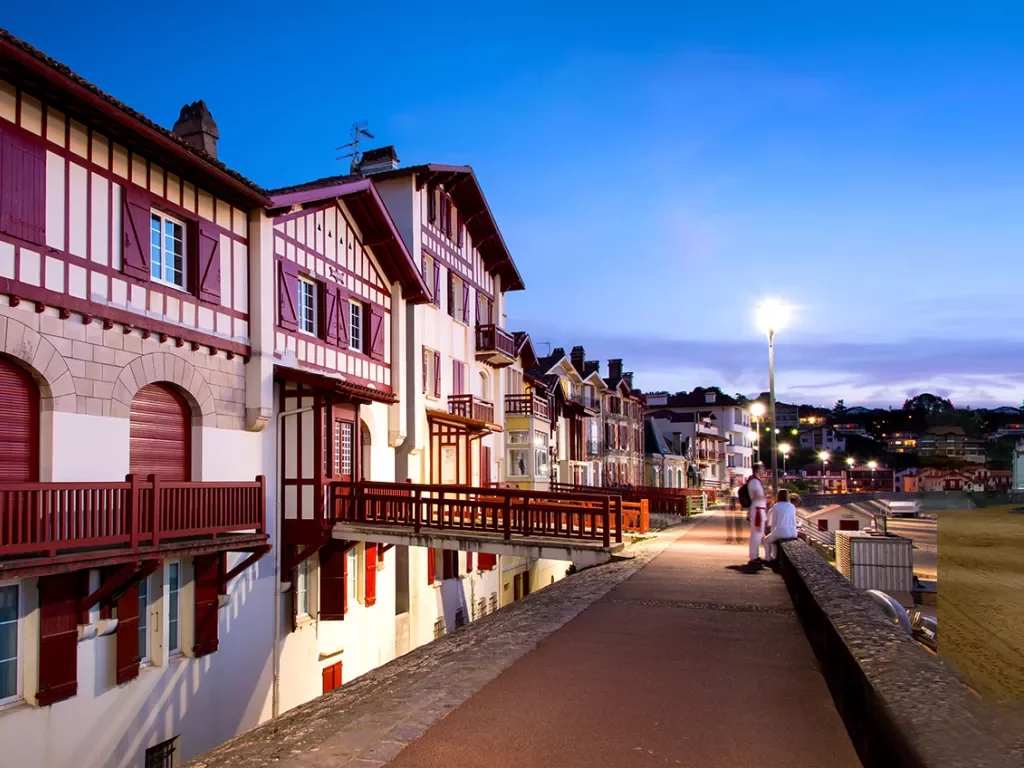 Traditional Labourdine Houses of Saint de Luz at Night, Basque Country, France