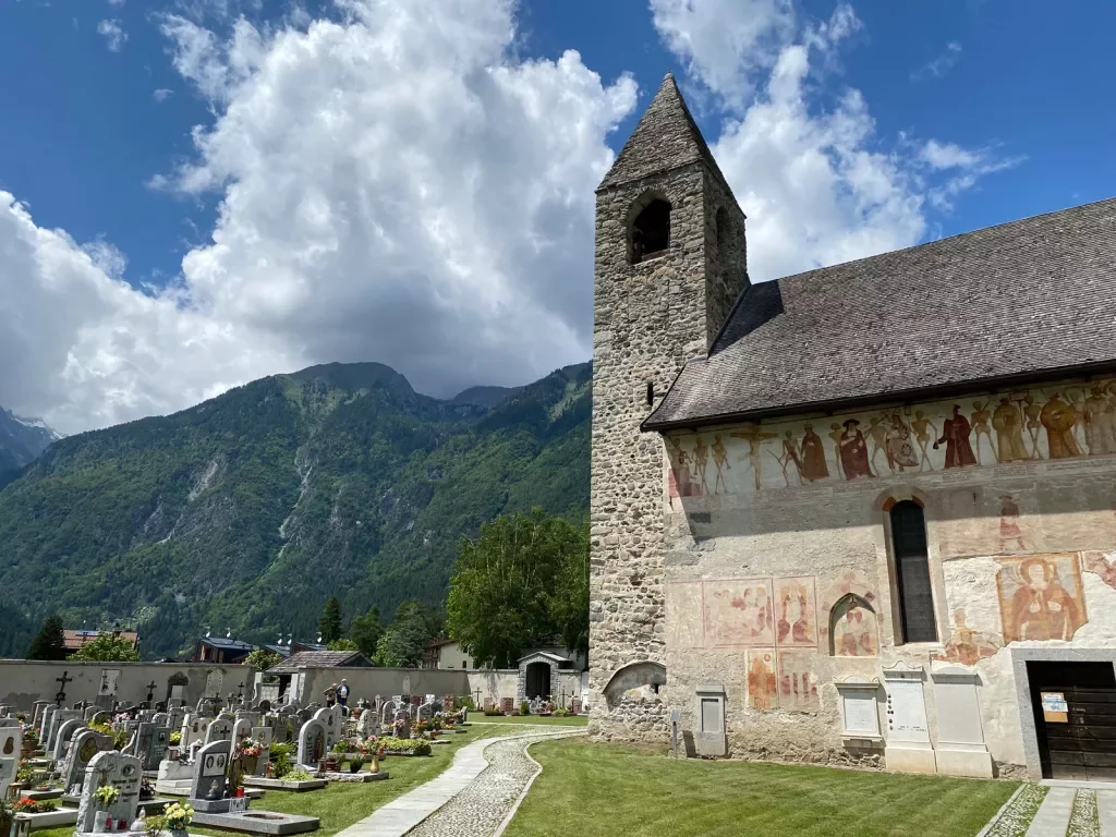 Historic stone church in the Dolomites