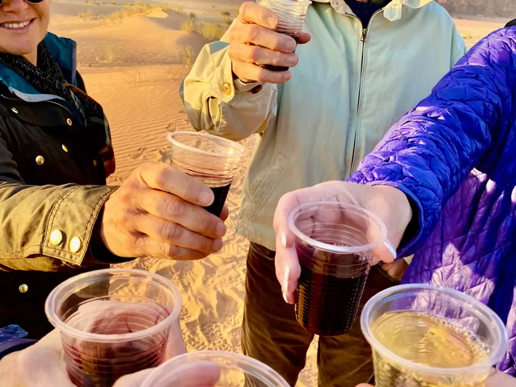 A group of people toasting with plastic cups in the desert