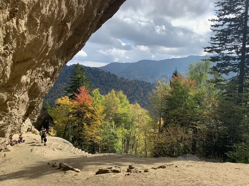 Guest walking under large cliff-face. Forest in background.