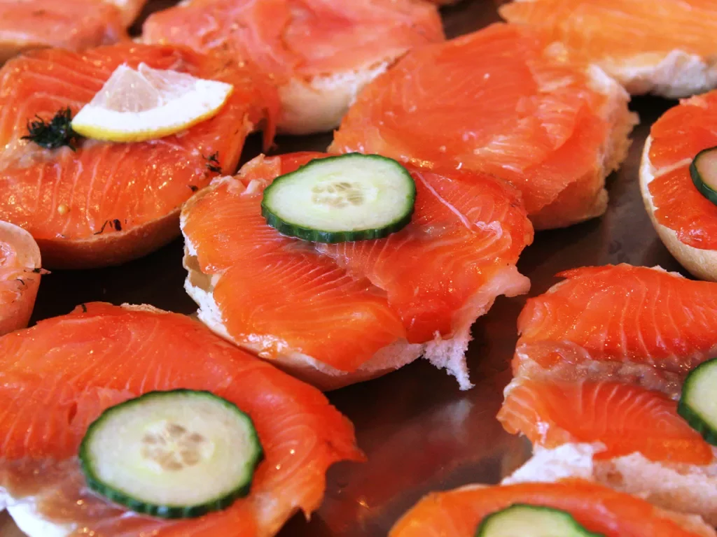Fresh salmon topped with cucumber