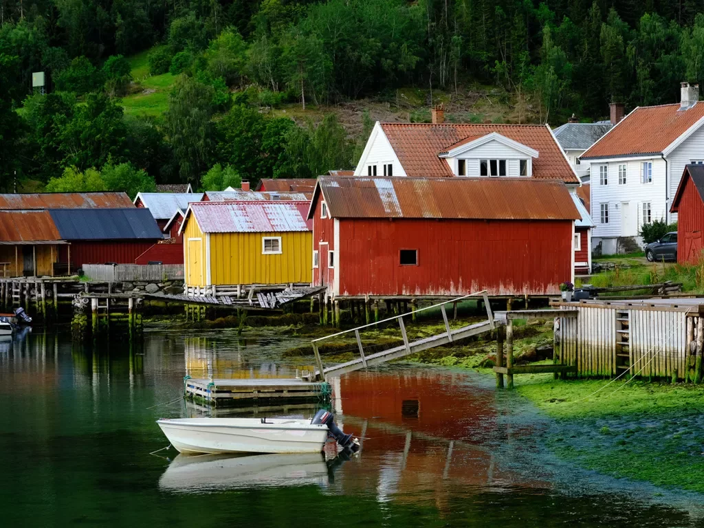 Colorful houses in Norway along the banks of a fjord