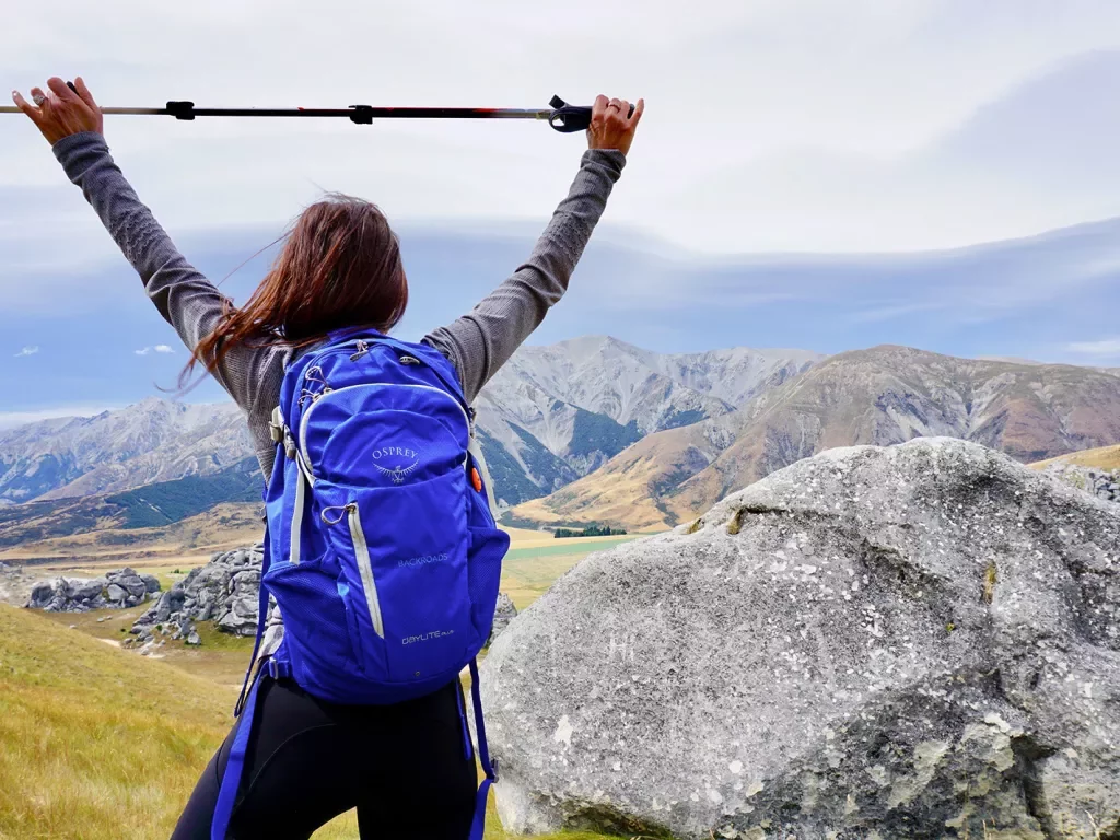 Woman triumphantly holding hiking stick above her head at summit.
