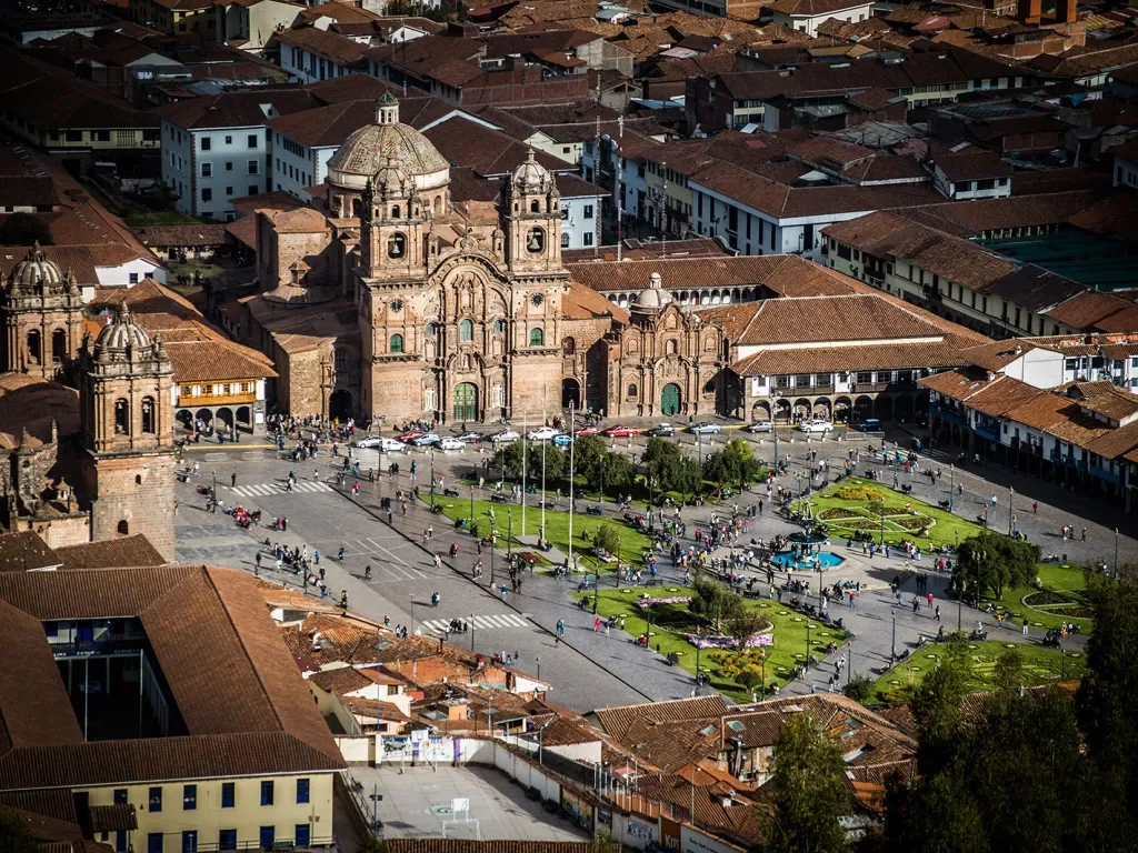Bird's eye shot of Cuzco main town square.