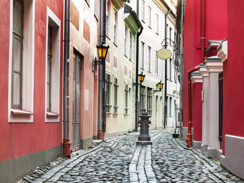 Cobblestone street surrounded by red buildings