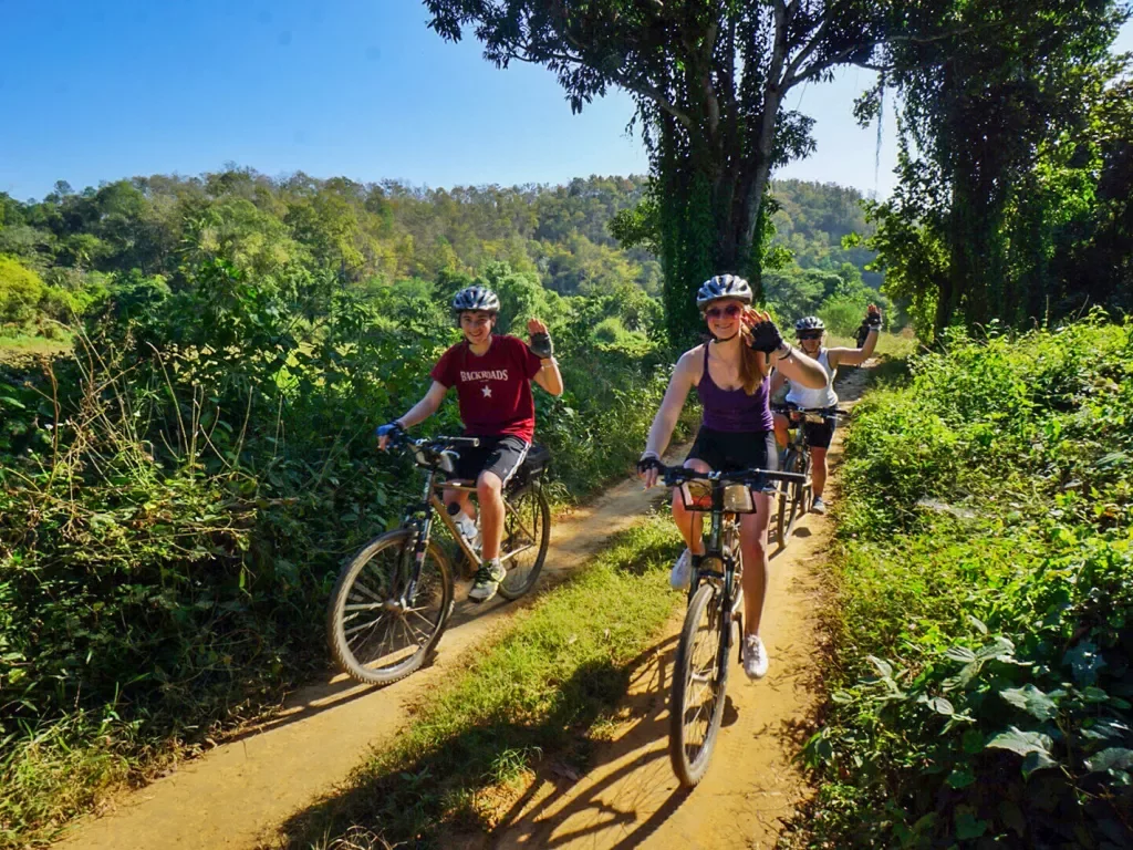People biking through forested area
