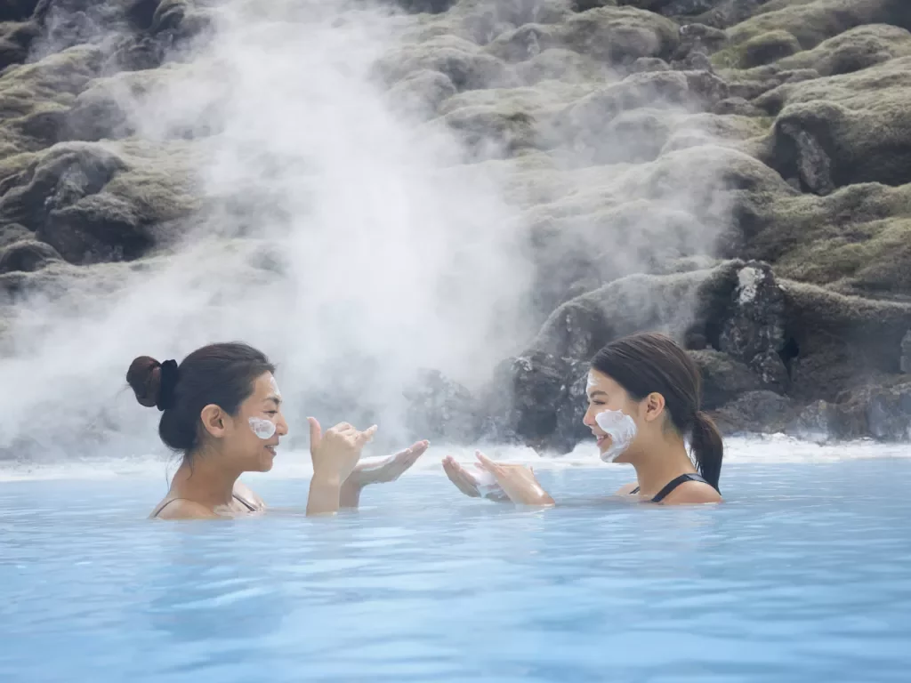 two guests floating in a hotspring