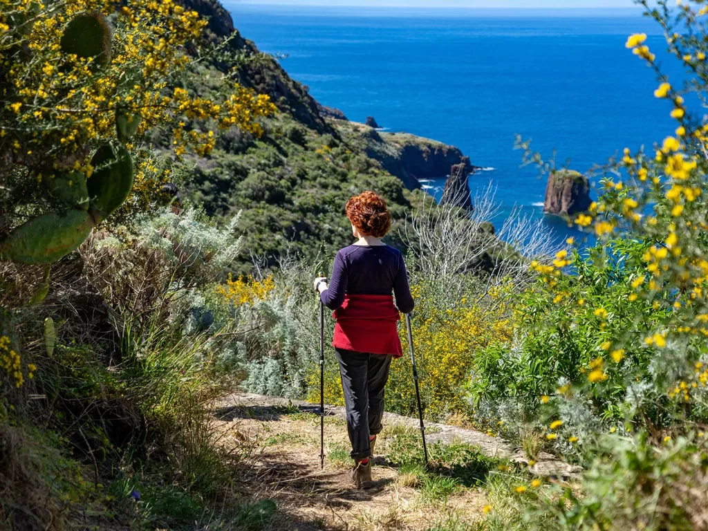 Woman with two hiking sticks overlooking the ocean