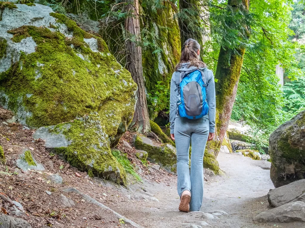 A hiker walks by mossy rocks