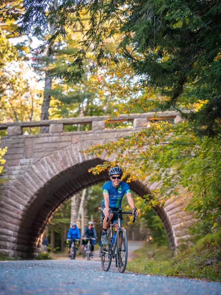 Guests biking under brick bridge.