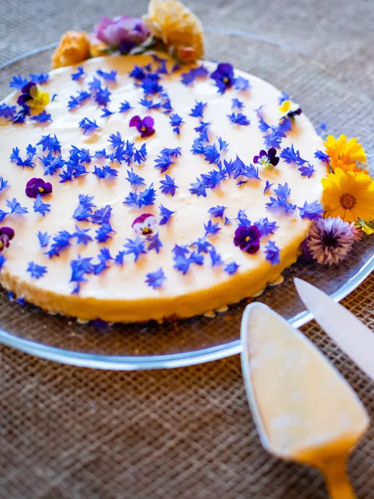 Beautiful pastry decorated with fresh, edible flowers