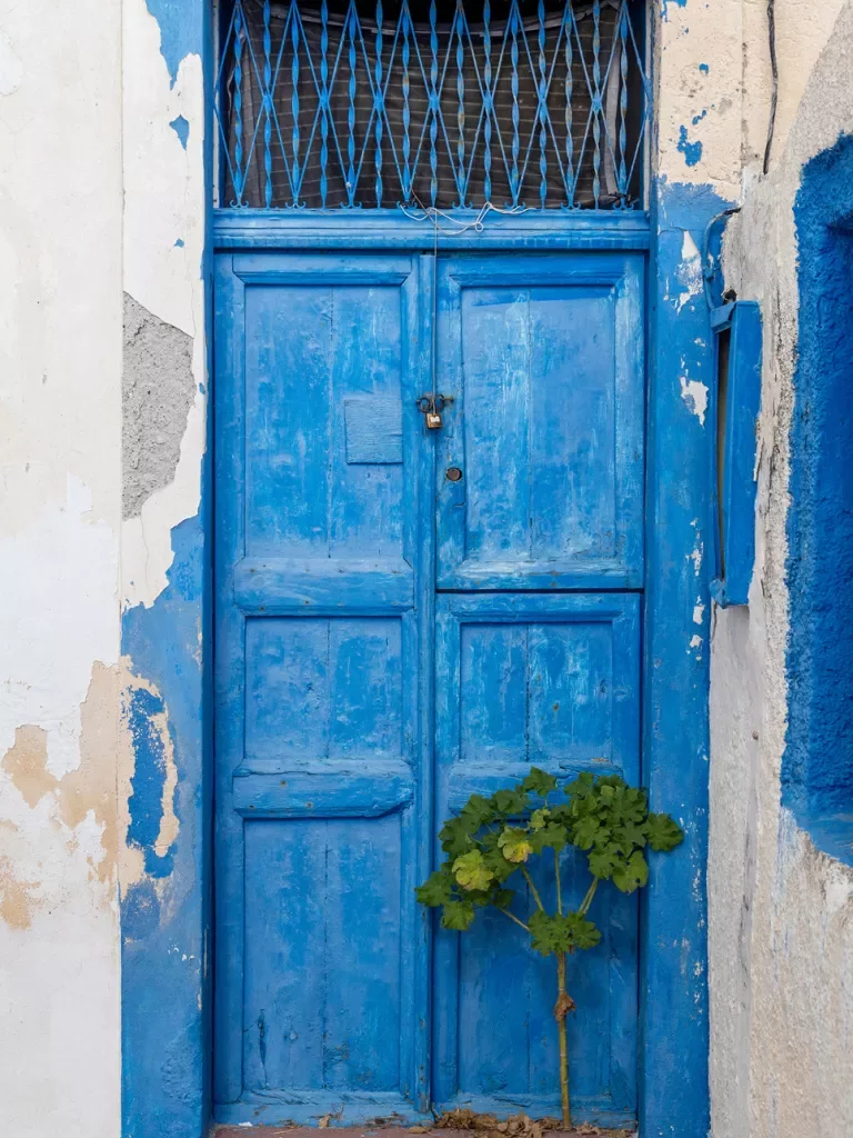 Close-up of blue door on white building.
