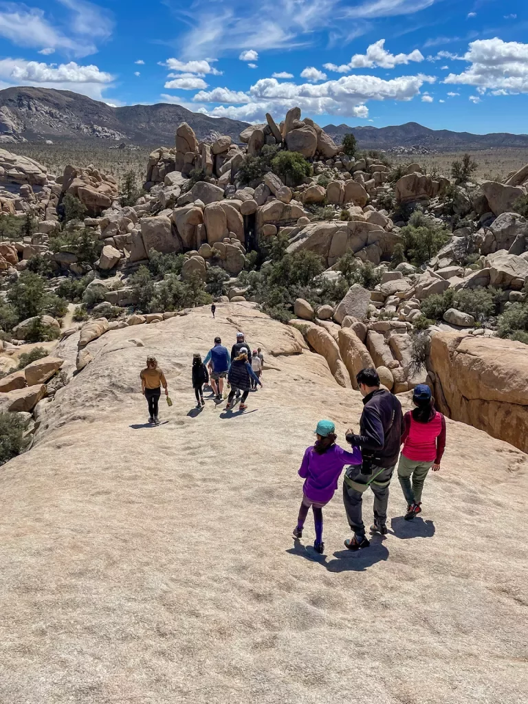 Guests walking down hill, into craggy desert landscape.