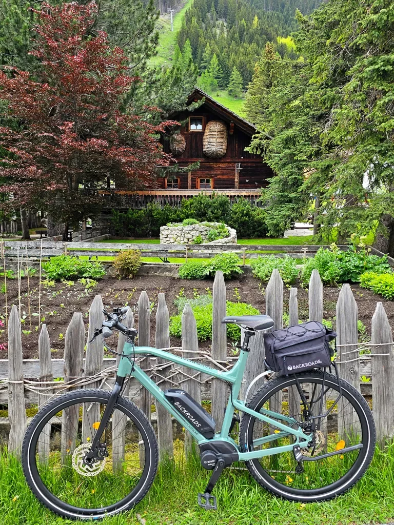 Shot of wooden mountain house in distance, Backroads e-bike in foreground.