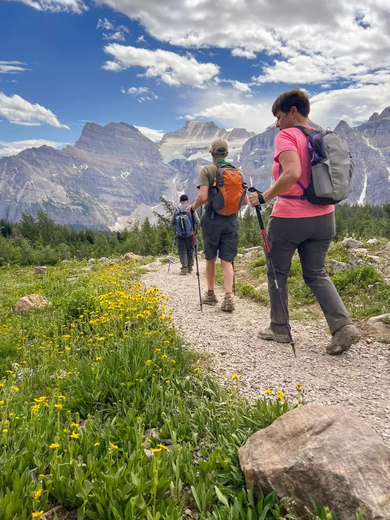 Three guests hiking down meadow trail, Rockies in background.