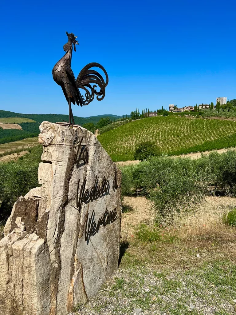 Shot of vineyard sign in Chianti, metal rooster on top.
