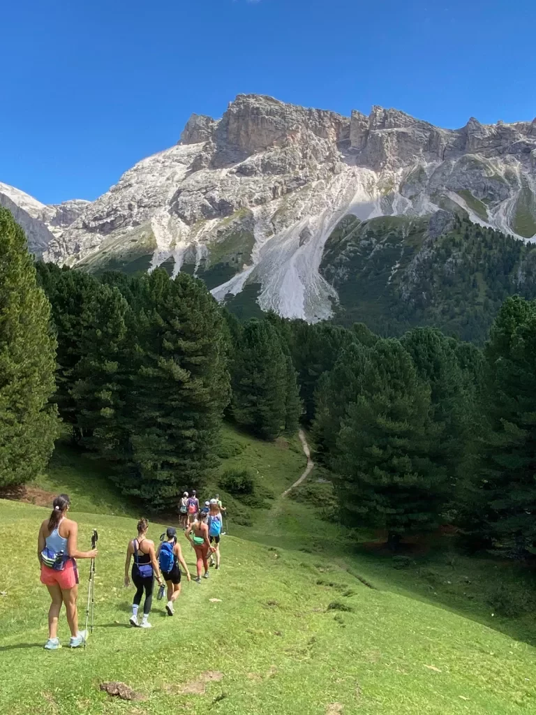 Guests on mountain trail, walking towards large range.