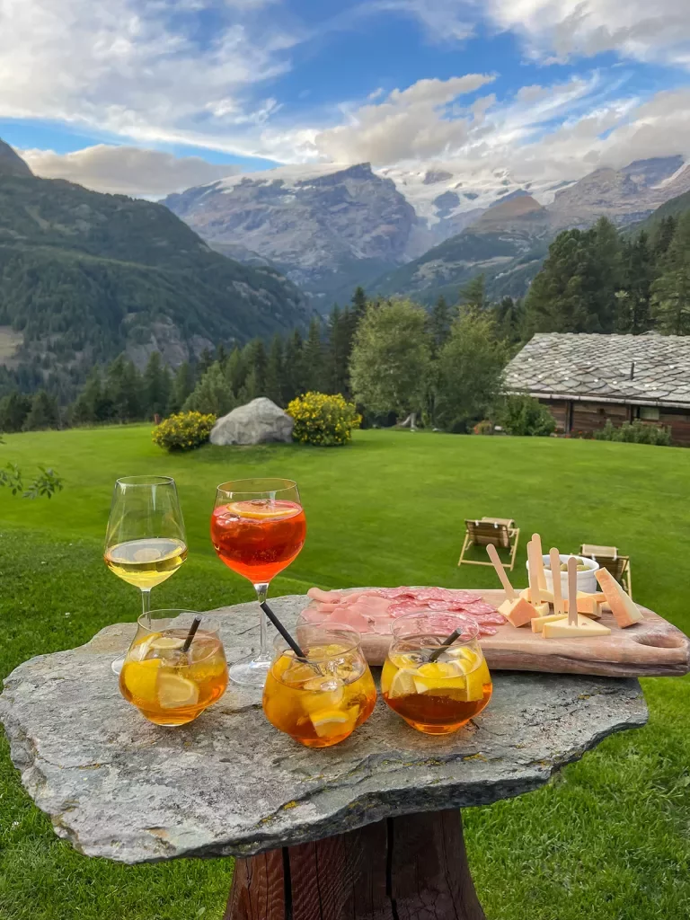 Assortment of drinks, hors d'oeuvres overlooking mountain vista.