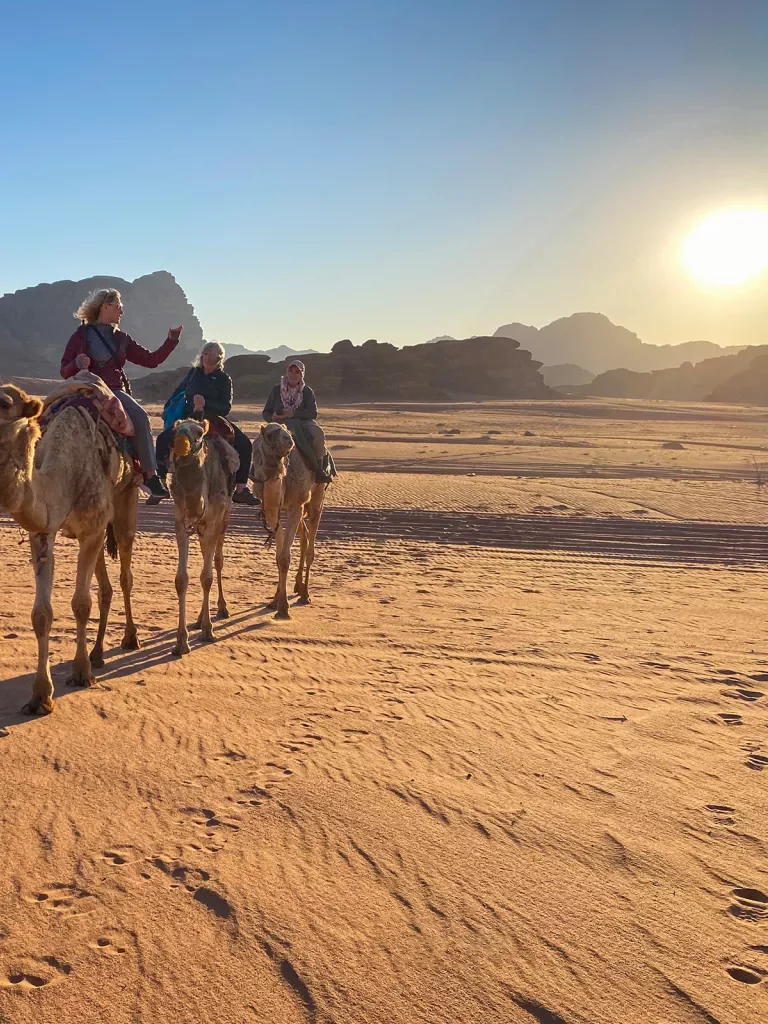 Travelers on camels in the desert