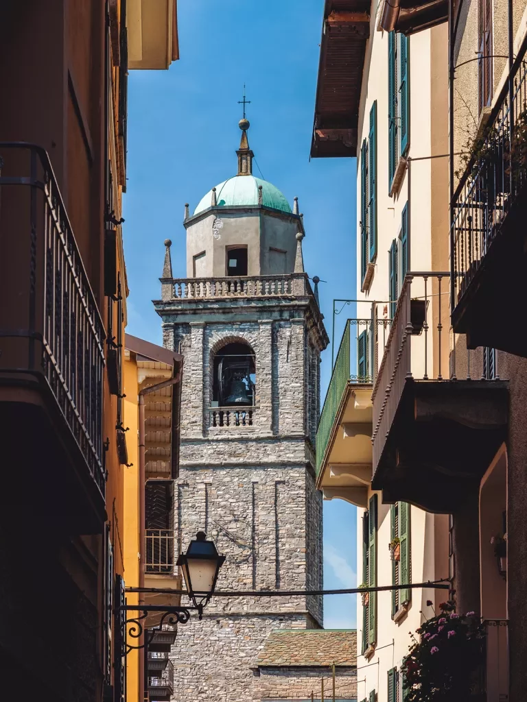 Shot of Church of San Giacomo from alleyway.