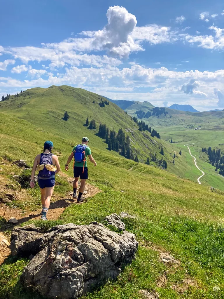 Two hikers on trail in grassy field in Bavaria.