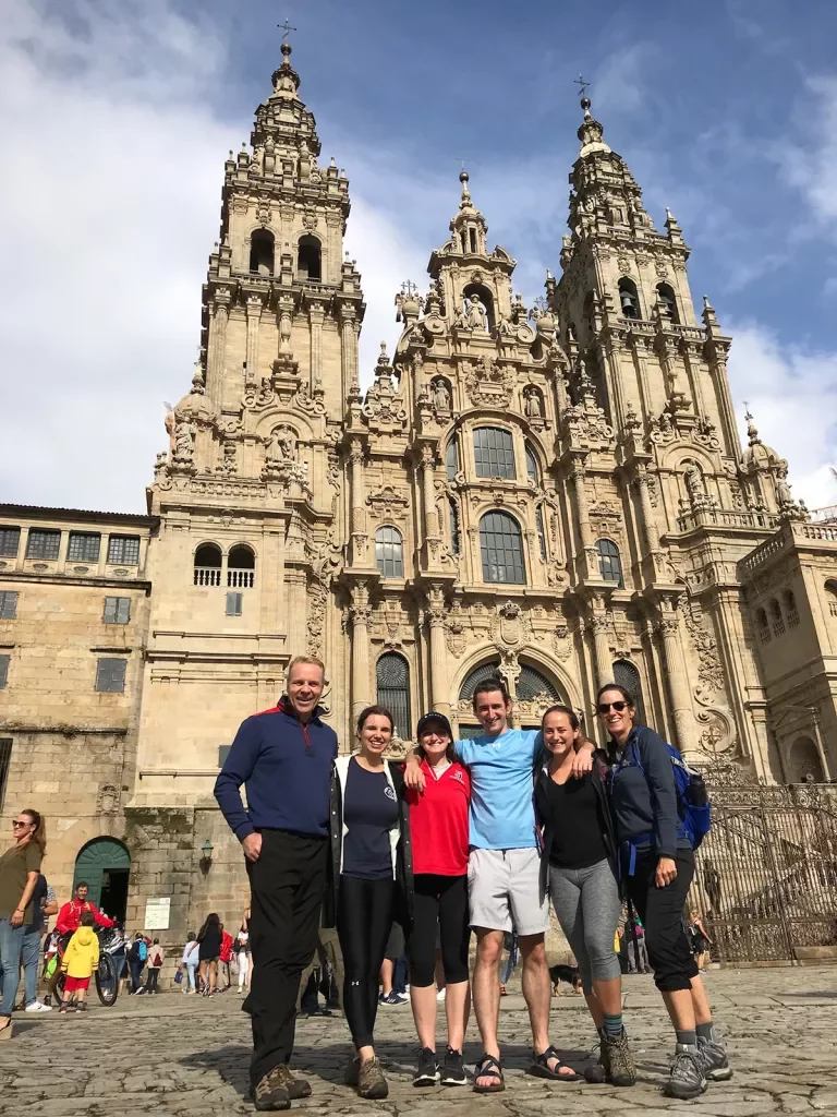 Group of guests in front of Cathedral of Santiago de Compostela.