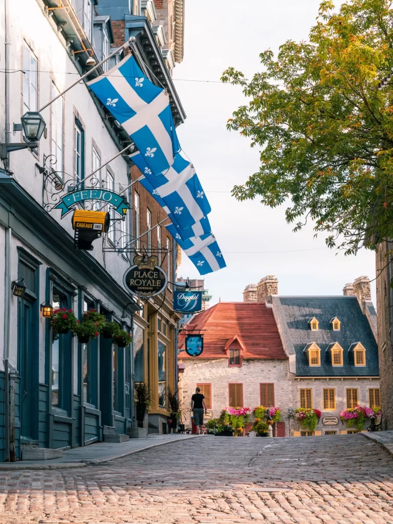 Flags flying over cobblestone streets