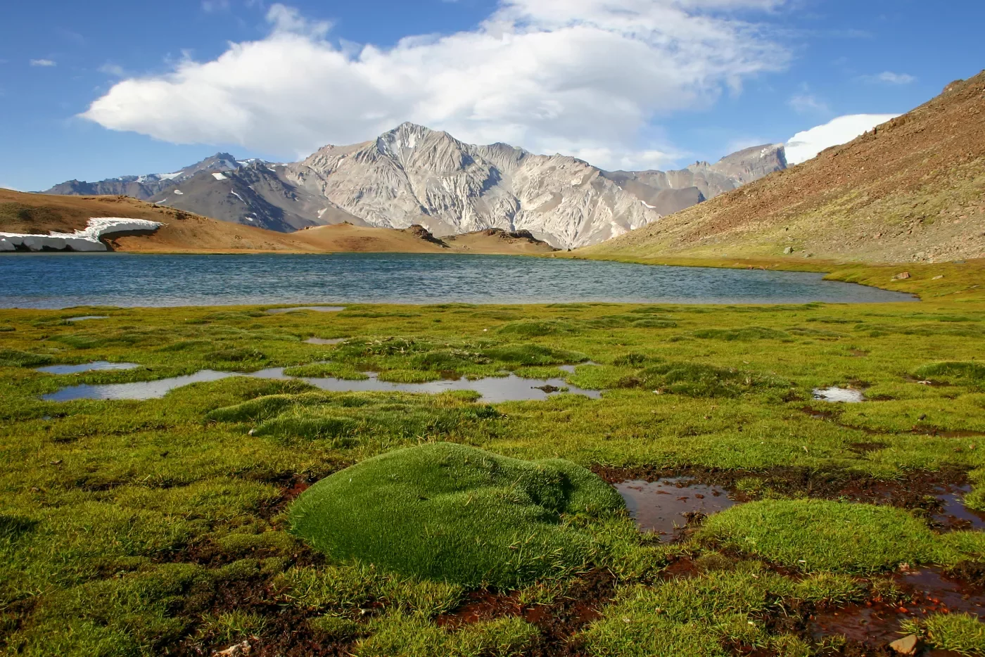Wide shot of small lake, arid, snowy mountains in background.