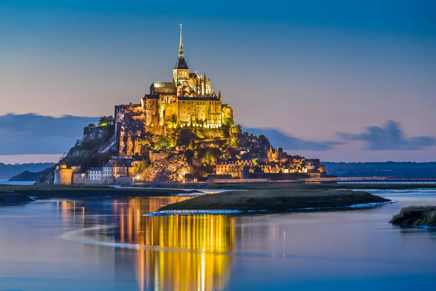 Le Mont Saint-Michel Tidal Island in Twilight During Blue Hour at Dusk, Normandy, Northern France