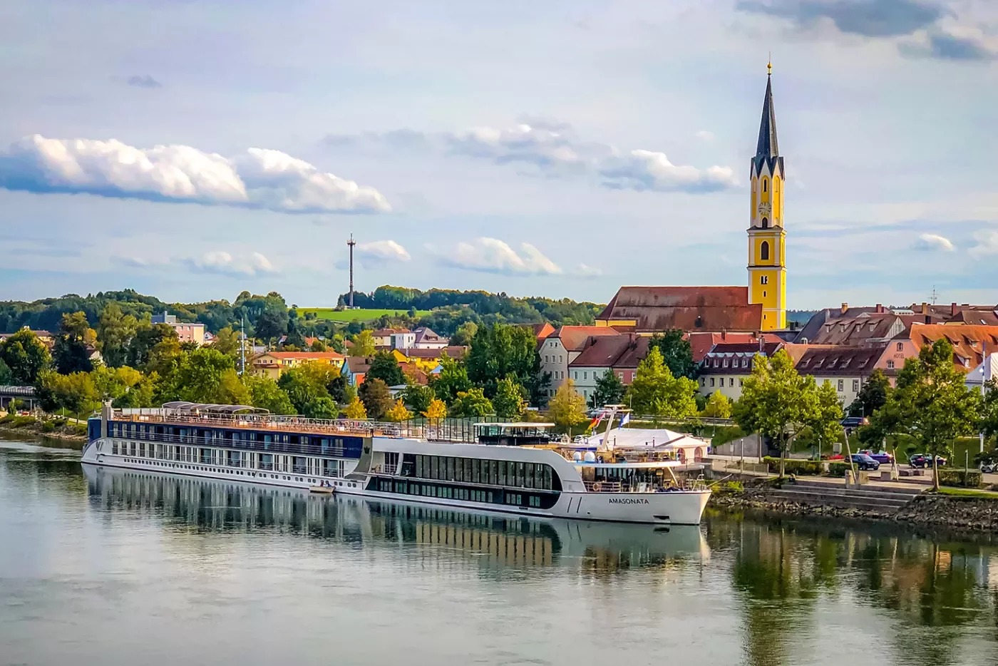 View of the Ama Sonata ship on the Danube River.
