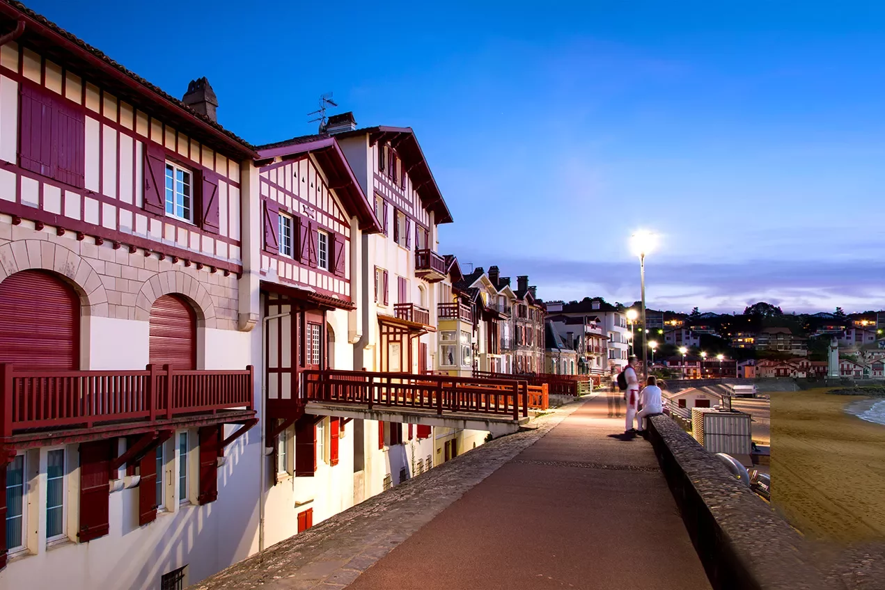 Traditional Labourdine Houses of Saint de Luz at Night, Basque Country, France