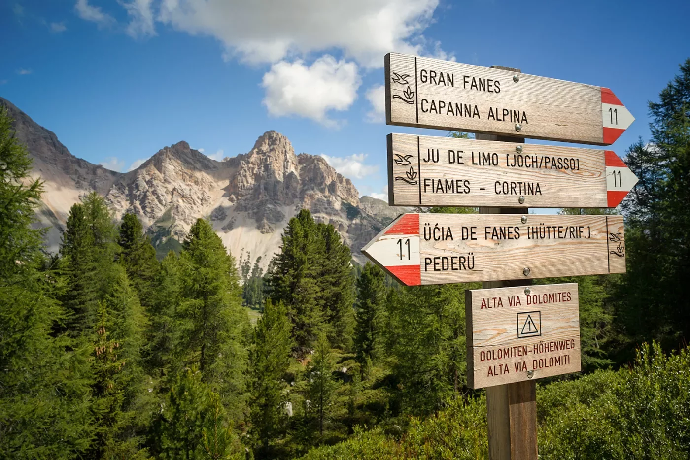 Shot of Dolomite signage, numerous trails listed.